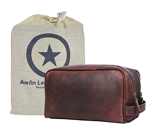 Leather Toiletry Bag for Men and Women - Walnut 10.5 Inch Travel Dopp Kit
