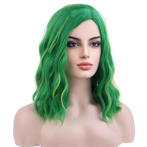 Green Short Curly Wig with Wig Cap - 14 Inch Synthetic Bob Hair for Women