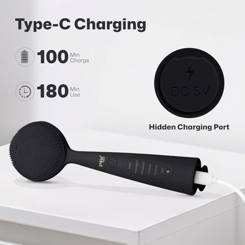 PRITECH Facial Cleansing Brush, Rechargeable Silicone Face Scrubber with Constant-Temperature Heating, Vibrating Exfoliator Scrubber for Deep Pore Cleaning, Waterproof Face Brush for Women & Men-Black