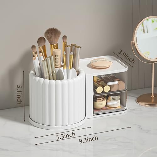 Anyoifax 360 Rotating Makeup Brush Holder 7 Slots Makeup Organizer with Drawer Removable Spinning Cosmetic Storage Pen Holder for Vanity, Dresser, Desk, White