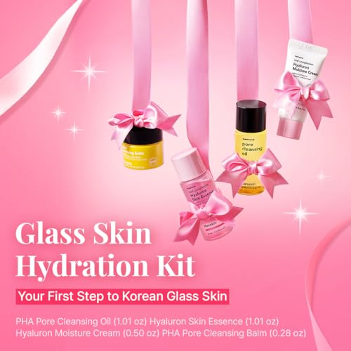Glass Skin Travel Skincare Set - Hydrating Kit with PHA Cleansing Oil & Balm, Toner & Moisture Cream | TSA-Approved Mini