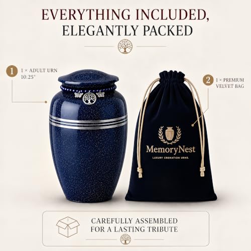 Blue Metal Cremation Urn for Adults 220 lbs - MemoryNest Memorial Urn with Silver Bands & Tree of Life Charm