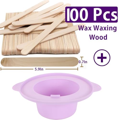 14 oz Silicone Wax Warmer Liner, Silicone Wax Bowl for Wax Warmer, Non-Stick Wax Melt Warmer Wax Pot , Reusable Wax Melt Liner with 100 Pcs Waxing Sticks Body Hair Removal Sticks (Pink+Purple)