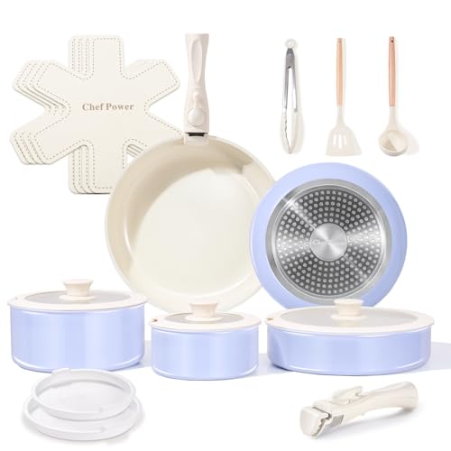 Chef Power 19-Piece Ceramic Nonstick Cookware Set with Detachable Handle - Light Purple