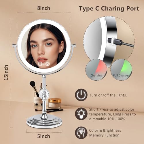 Chrome-Crystal Lighted Makeup Mirror 4000mAh Rechargeable Double Sided 1x/10x with Dimming