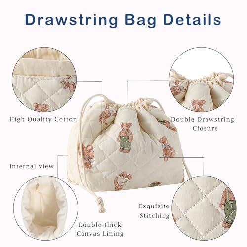3Pcs Aesthetic Cotton Quilted Drawstring Makeup Bag Set, Aesthetic Cute Bow Makeup Pouch for Girls and Women, Aesthetic Travel Organized Cosmetic Bags for Purse(01Bear)