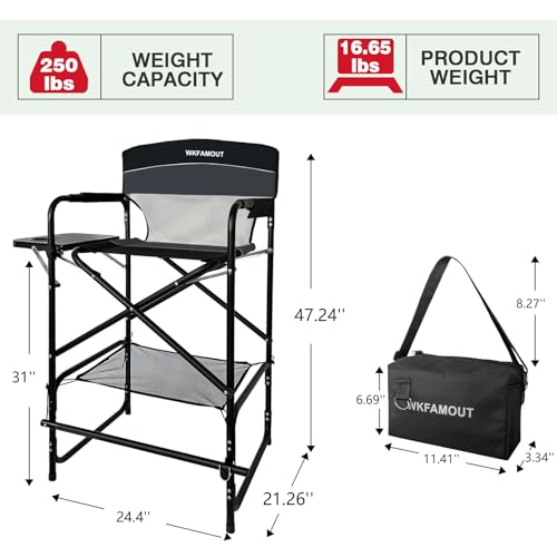 Black Tall Folding Director Chair with Side Table & Cosmetic Bag - 30.7" Seat Height, Supports 350 lbs
