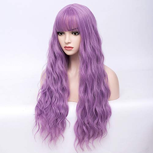 BERON 27-Inch Lavender Purple Curly Wavy Synthetic Wig with Bangs for Women