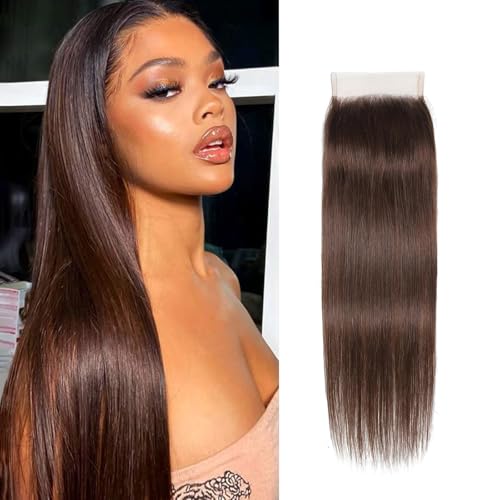 KAFEIER 4x4 Chocolate Brown Closure - Straight Wave Human Hair, 10 Inch, Pre-Plucked, Bleached Knots, Free Part