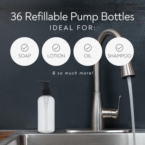 ReGar 36 Pack Empty Pump Bottles 8oz ? Clear Plastic Refillable Containers with Locking Pump Dispenser for Lotion, Shampoo, Soap, Oil, Cream, Conditioner, Travel Size Bulk Toiletry Bottles