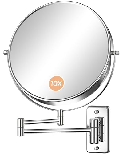 Wall-Mounted Makeup Mirror 9 Inch with 1X/10X Magnification - Silver, 13.5"L x 17.6"W