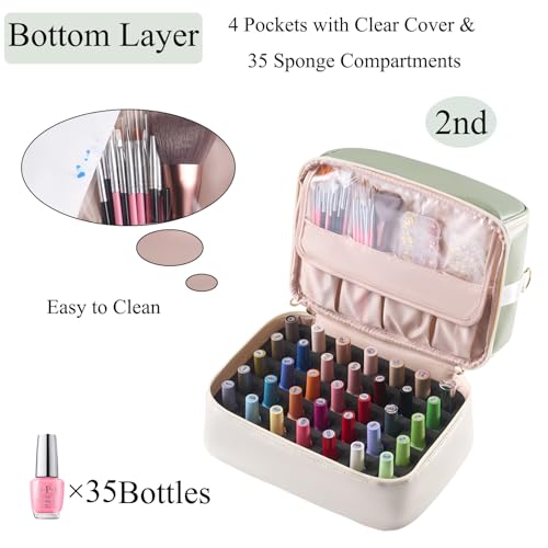 Travel Nail Polish Organizer Bag Holds 35 Bottles & Nail Lamp - Green & Beige