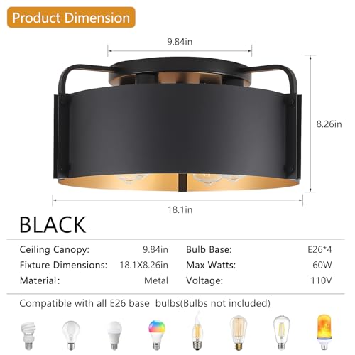 Black 4-Light Flush Mount Ceiling Light Fixture with Gold Inside - Modern Kitchen & Living Room Lighting - Variation of THIS listing