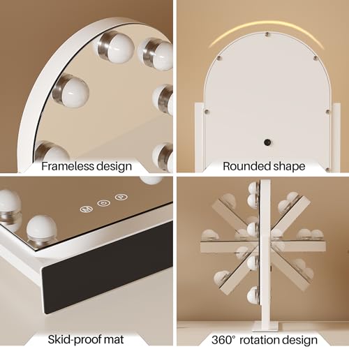 White-Arched Makeup Mirror with Lights, 3 Color Modes, Dimmable, 360° Rotation