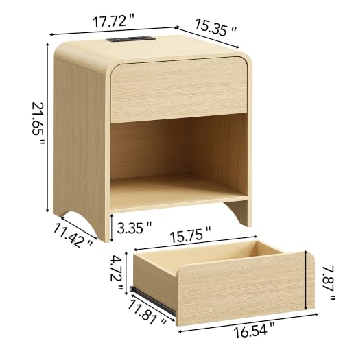 Nightstand Set of 2 with Charging Station Light Oak - Modern Storage & Night Tables with Power Outlets & USB
