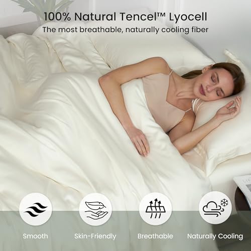 Amélie Home Queen Size Tencel Lyocell Duvet Cover Set Cream White - Silky Soft & Breathable