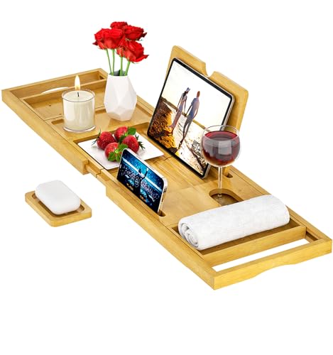 Banlilu Natural Bamboo Expandable Bathtub Tray Caddy - Waterproof Bath Table