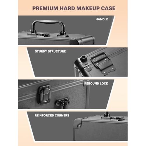 Qislee Makeup Box with A Detachable Lighted Mirror, Waterproof Travel Train Case, Cosmetic Organizer and Makeup Suitcase with Adjustable Dividers, Magnetic LED Mirror (Black)