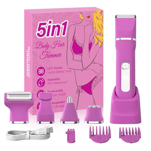KINGTEE Rose Pink Bikini Trimmer for Women, Waterproof Electric Razor with 5 Blades & Charging Dock