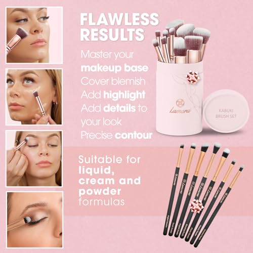 Kabuki Makeup Brush Set (Rose) with Eyeshadow Brush Set