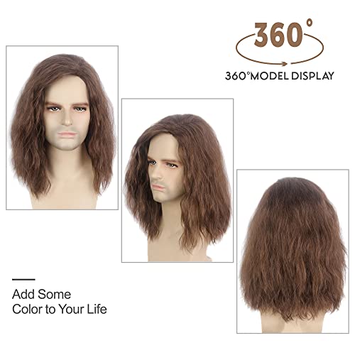 H&Bwig Brown Curly Men Wigs Long Wavy Fluffy Synthetic Hair for Costume & Party