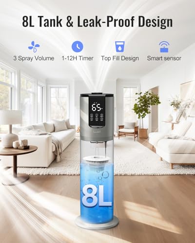 Large 8L Humidifier for Bedroom & Large Rooms, Grey - Leak-Proof Top Fill, 40H Run, Essential Oil Tray