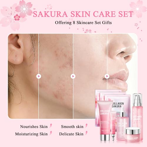 8PCS Skin Care Set, Moisturizing Cherry Blossom Facial Skin Care Kit, Hydrating Skincare Set for Women, Travel Facial Care Kits with Face Masks, Eye Cream, Cleansing Lotion, Serum, Face Cream,Toner