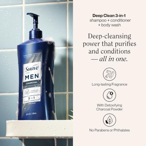 Suave Men Charcoal 3-in-1 Shampoo Conditioner Body Wash 4 Pack 28 FL Oz