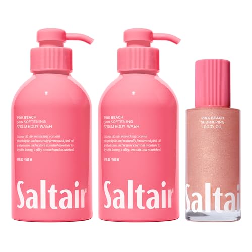 Saltair Pink Beach Bundle: Body Wash 2-Pack (2 x 17oz) + Shimmering Body Oil (4oz), Moisturizing Cleanser and Glow Oil