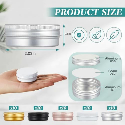 50 Pack 1 oz Aluminum Tin Cans with Lids Bulk, Refillable Metal Tin Containers for Lip Balm, Salve, Cream, Travel Cosmetic Subpackage Jars, Valentines DIY Candle & Crafts (5 Colors)