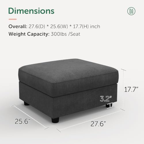 HONBAY Dark Grey Corduroy Ottoman with Storage, 27.6"D x 25.6"W x 17.7"H