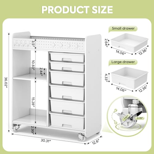 White Rolling Craft Cart with 6 Drawers, Pegboard & Locking Wheels - ApexChaser