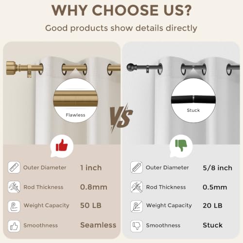Warm Gold Adjustable Curtain Rods 48-84 Inch - Heavy Duty Brass Set with Finials - Vintage Brushed Metal Finish (36-88") 2 Pack
