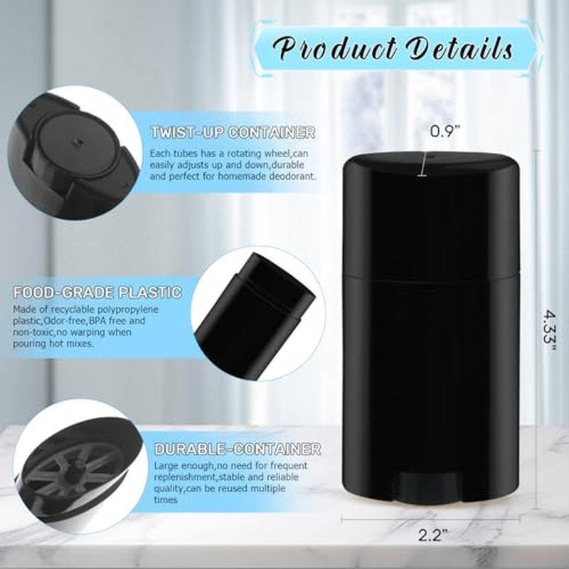 15 Pack 1.7 oz Plastic Deodorant Container,Empty Oval Twist-Up Solid Stick Tube Applicator Container for Homemade Deodorant,Shaving Soap Stick,Heel Lip Balm,Solid Lotion Bar-Top Filling,Black