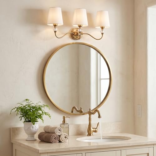 Brass 3-Light Vintage Bathroom Vanity Light Fixture with Fabric Shades - Over Mirror, Crystal Accent, Modern Wall Sconce, E26 Base
