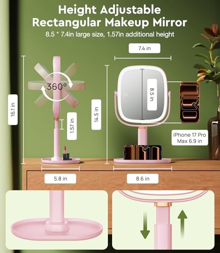 Pink Height Adjustable Lighted Makeup Mirror with 20X Magnification & Dimmable Lights