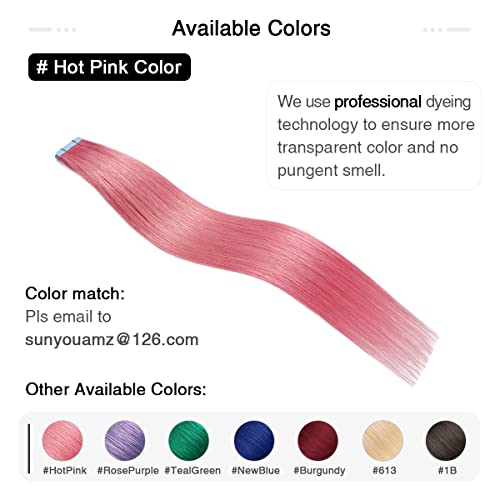 Pink Tape-In Hair Extensions 18 Inch Human Hair Remy Seamless Weft - Hot Pink 10PCS - SUYYA