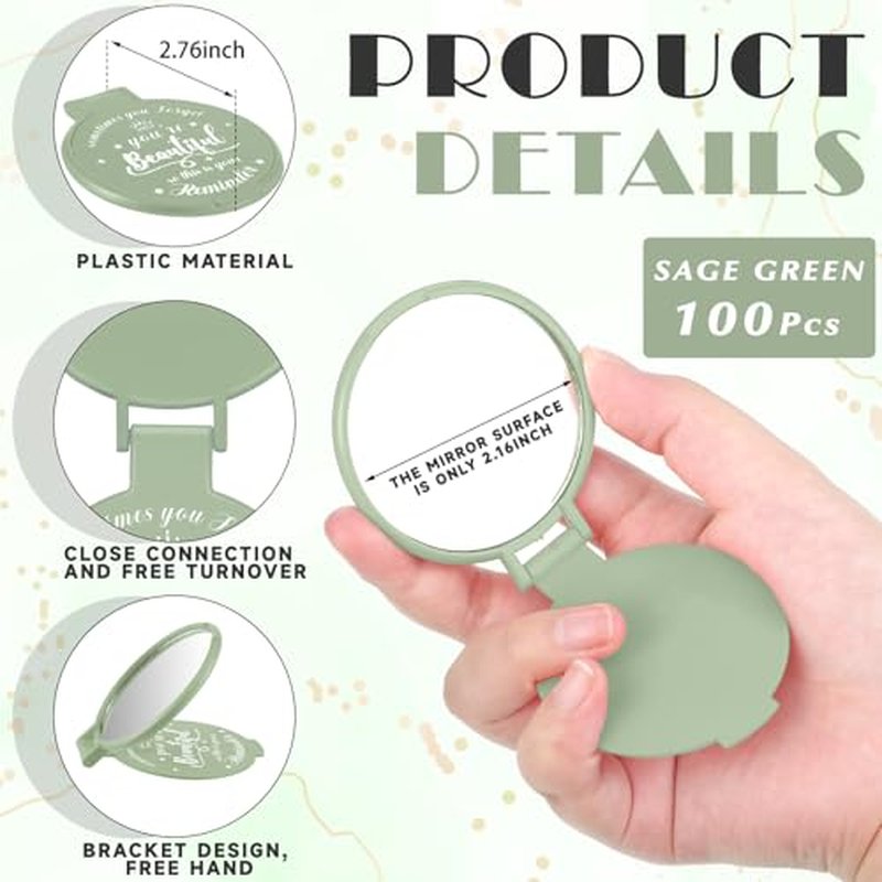 100 Pcs 2.76 Inch Inspirational Compact Mirror Bulk Women Small Gifts Graduation Party Favors Purse Mirror Pocket Mini Stuffer Items for Adult Coworker Cheerleader Employee (Sage Green)