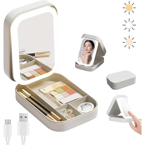 Travel Makeup Case with Lighted Mirror, Partitionable Cosmetic Bag, Professional Cosmetic Artist Organizer (white)