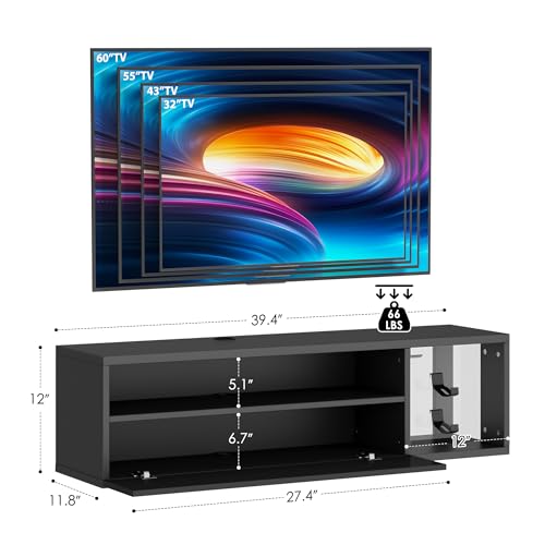 40-Inch Black Floating Wall-Mounted LED TV Stand with Lights - SogesPower