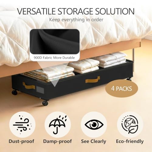 Under Bed Storage Container with Wheels 75L XXL 4-Pack Black - Adjustable & Durable