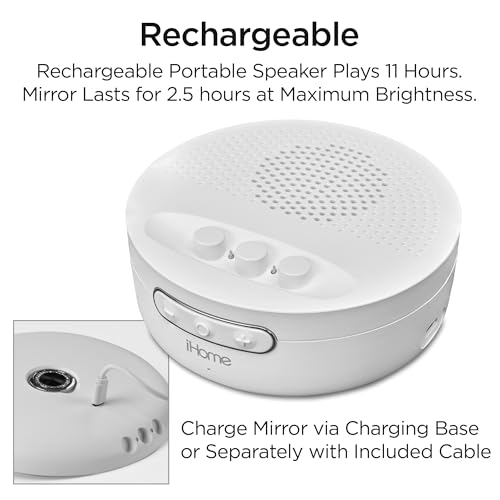 iHome Makeup Mirror with Lights and Bluetooth Speaker, Travel Mirror is Portable and Rechargeable ? White (iCVBT9W.EXv24)