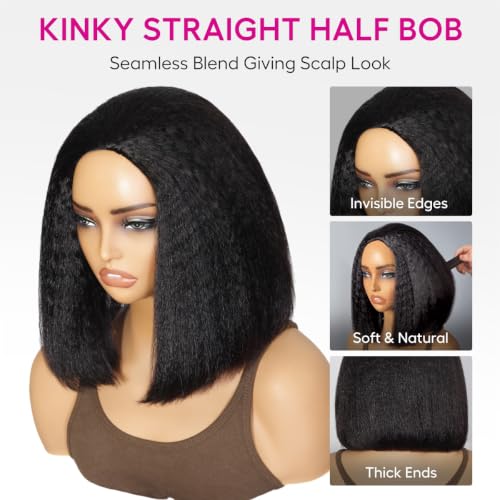 10 Inch Kinky Straight Half Wig for Black Women - Natural Black, Glueless, No Lace