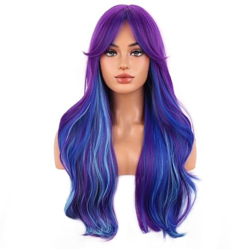 Dark Purple and Blue Wavy Heat-Resistant Synthetic Wig for Women Girls - Long Curly Costume & Daily Use Variation