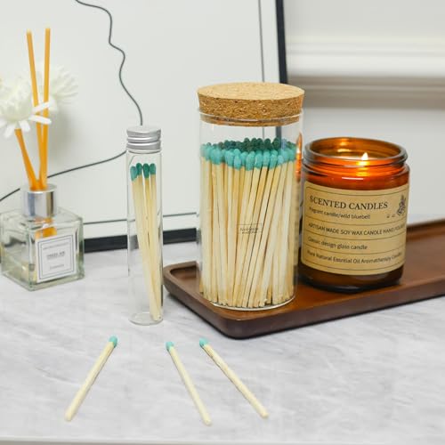 Colored Safety Matches | 4-Inch Long Matches in Glass Jar | Perfect for Lighting Candles | 150 PIECES | 10 CANDLES AND EXTRA EMPTY JAR GIFT (GREEN)