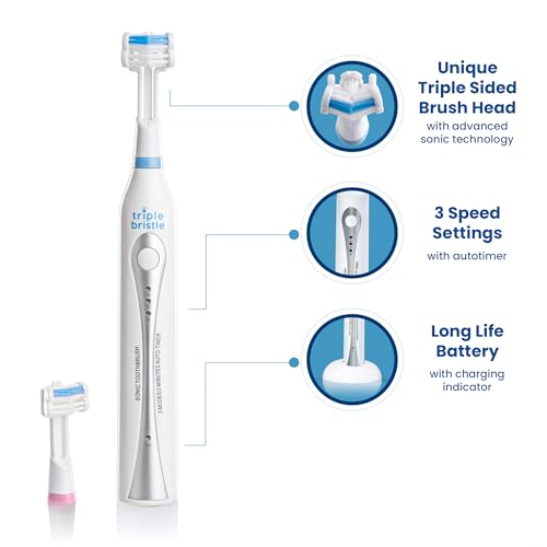 Triple Bristle Original Sonic Toothbrush - Rechargeable 3-Sided Design, Dentist Approved
