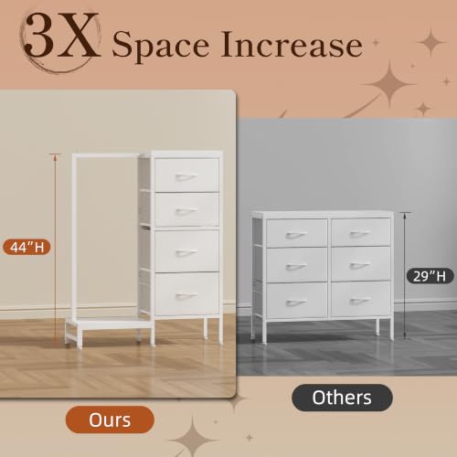 Tall Dresser with Hanging Clothes Rack - White, 44"H, 4 Drawers, Reversible Storage Tower