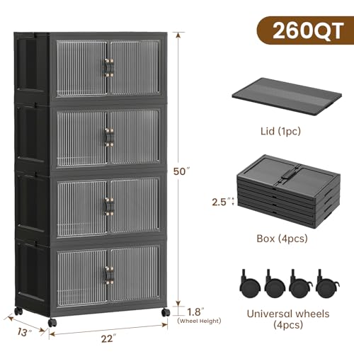 Stackable Plastic Storage Bins with Lid - 4 Pack Black, 22x13x50 Inches