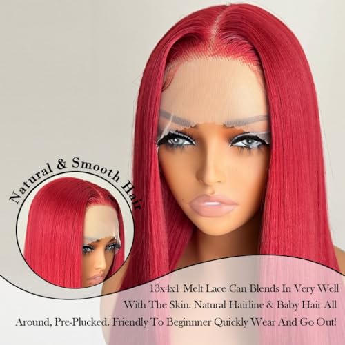 Rose Red Straight Lace Front Wig 26 Inch Glueless Synthetic Hair for Women - FABÉLLE