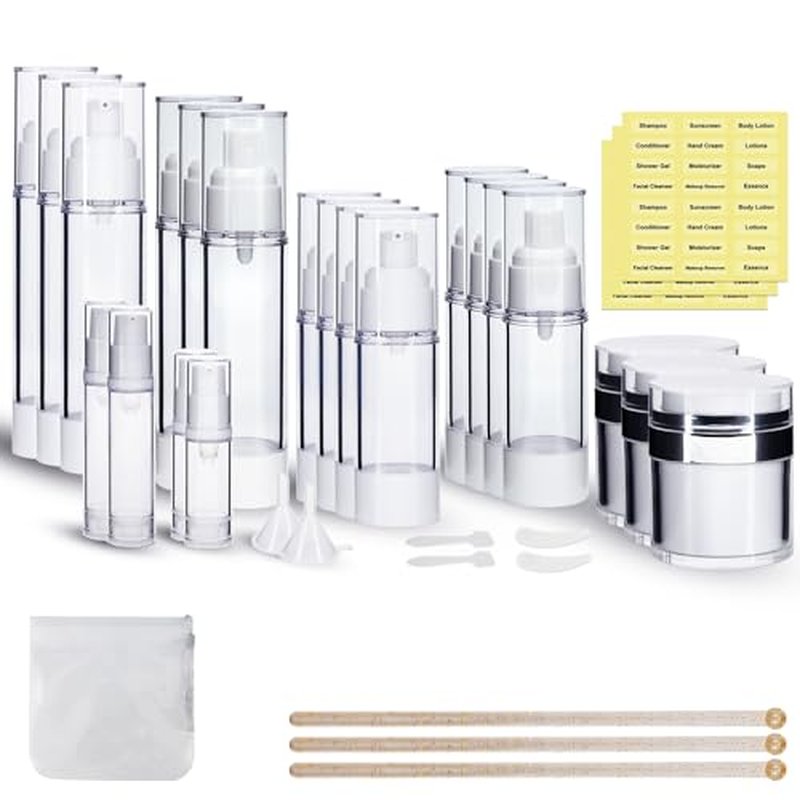 34 Pack Airless Pump Jars Set, 1.7/1/0.7/0.34oz Refillable Travel Size Containers, Leak-Proof Toiletry Bottles for Skincare and Creams, Lotion, Eye Cream, Liquid, Foundation, Shampoo